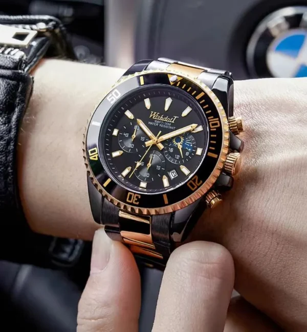 Reloj de Hombre en Acero iInox Negro y Dorado con Cronógrafo