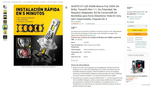 💡 Bombilla LED H7 6500K AUXITO | Luz Blanca Fría, 350% Más Brillo, Instalación Rápida en 5 Minutos - Imagen 5